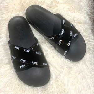 PINK Victoria’s Secret Patent Print Crisscrossed Padded Slides Size 9.5